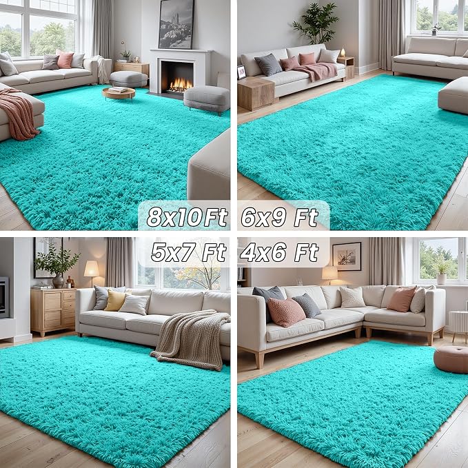 8x10 Fluffy Shag Area Rugs for Living Room Bedroom: Soft Carpet Teal Blue | - Image 7