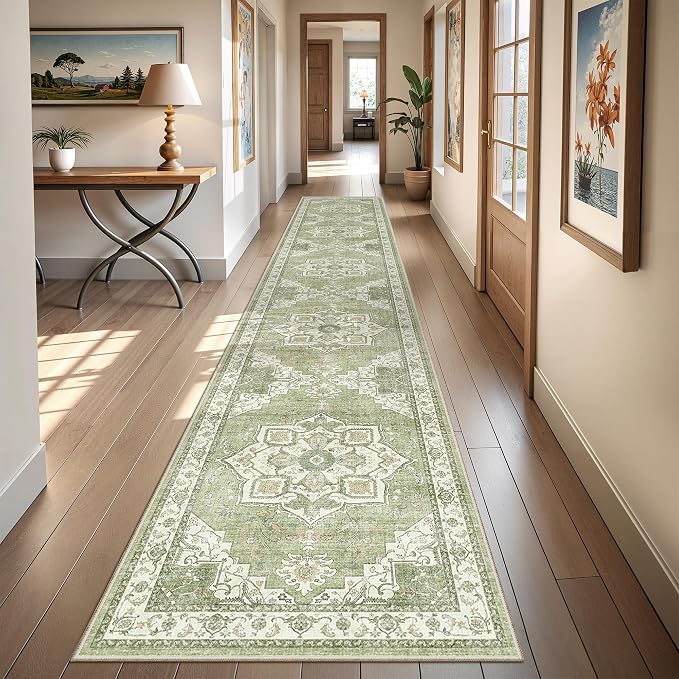 Hallway Runner Rug 2x12 Extra Long Washable Runner, Light Green | Vintage Rug by Restydon