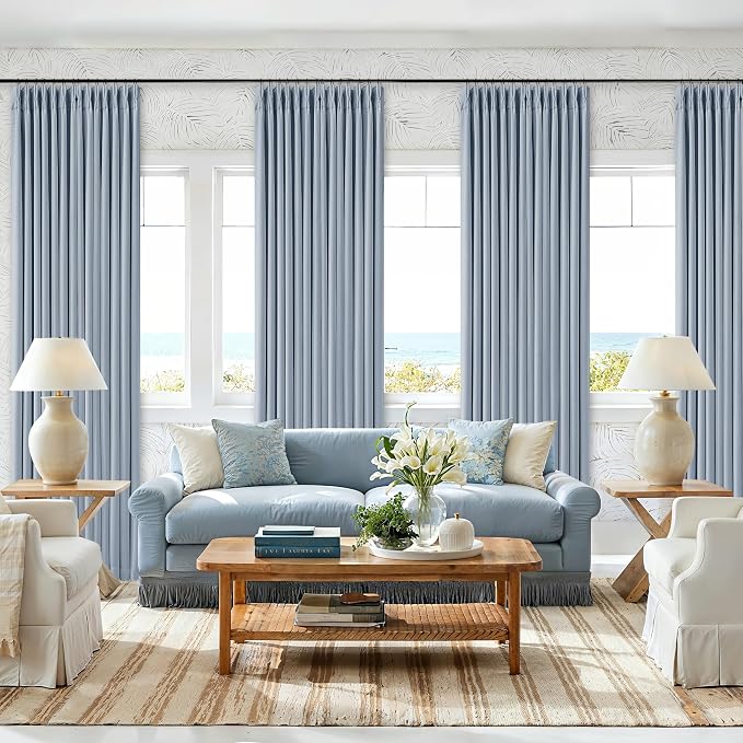 Light Blue Linen Blackout Linen Pleated Dual Layer Curtains 90 Inches Long | - Image 8