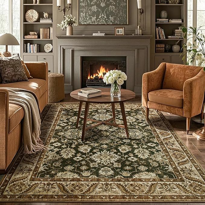 Area Rugs for Living Room, Washable 5x7 Area Rug for Bedroom, Retro Floral by Rtizon