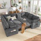 Hanherry Sectional Sofa with Pull Out Couch Bed, 8 Seat Corduroy Sleeper Sofa by Hanherry