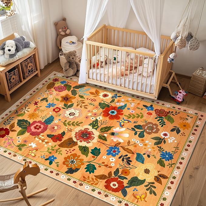 RELEANY Floral Washable 8x10 Area Rugs Yellow/Orange/Red | Flower Carpet Print - Image 8