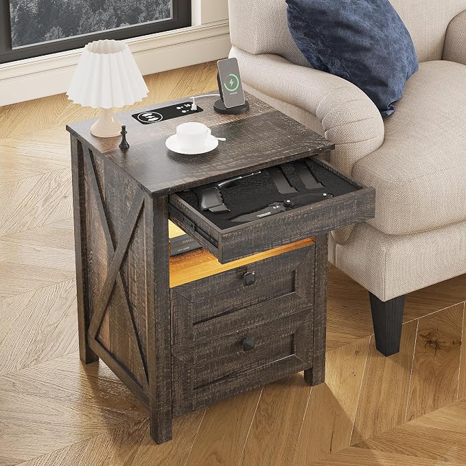 HWB LED Nightstand with Gun Drawer: Bedside Table with Charging Station - Image 9