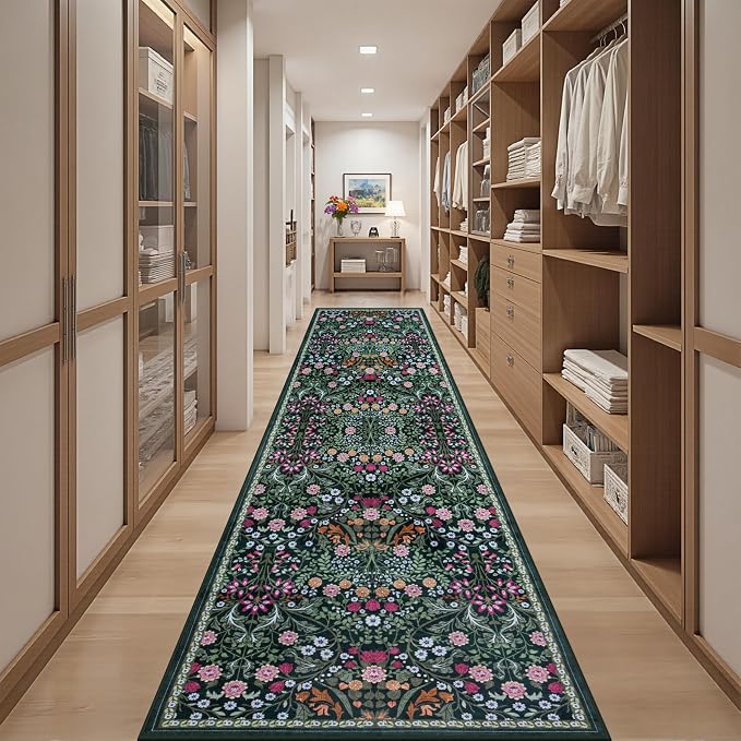 PLHXFR 2.6x14 Washable Runner Rug：Floral Indoor Kitchen Carpet Dark Black | - Image 5