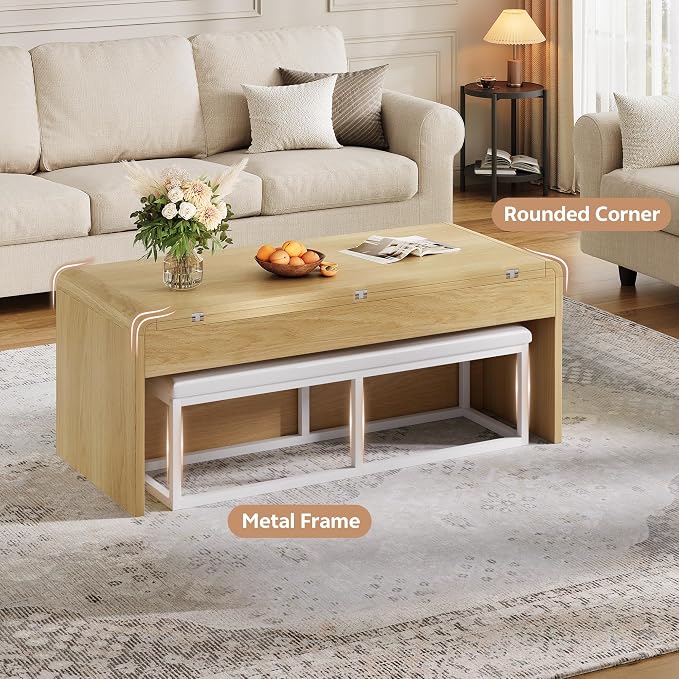 Coffee Table with Bench, 4-in-1 Multi-Function Coffe Table w/Curved Corner - Image 5
