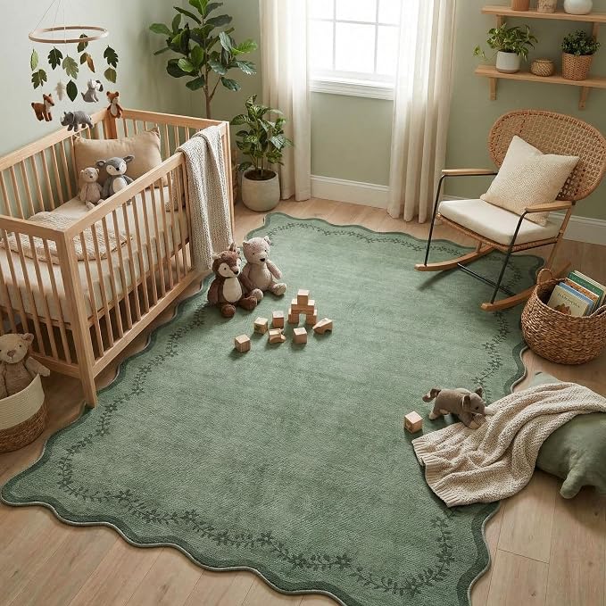 GarveeHome 4x6 Scalloped Washable Area Rug Green Nursery Kids Bedroom Rug | by GarveeHome