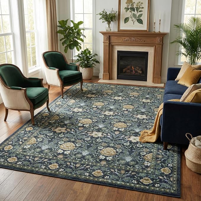 GarveeHome Washable Area Rug 5x7, Retro Floral Low Pile Non Slip Living Room - Image 8
