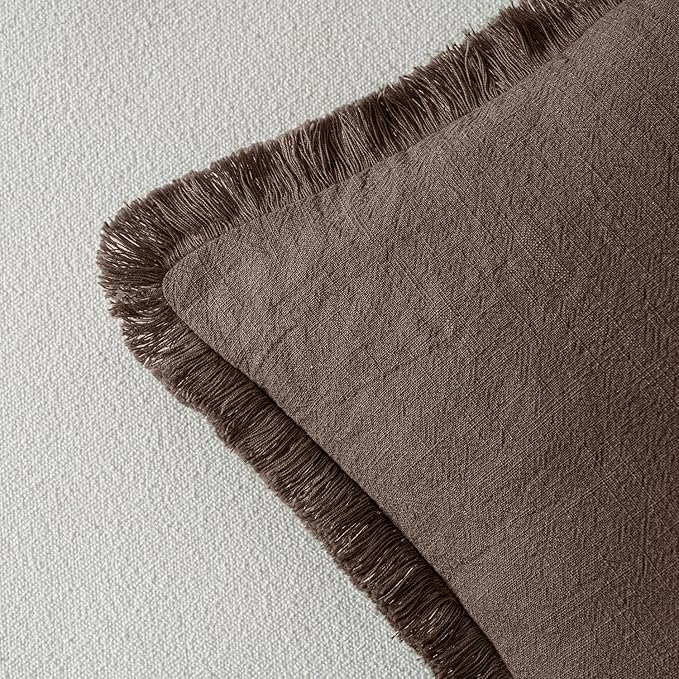 MIULEE Linen Fringe Decorative Fall Euro Pillow Covers Reddish Brown 22x22 | - Image 3