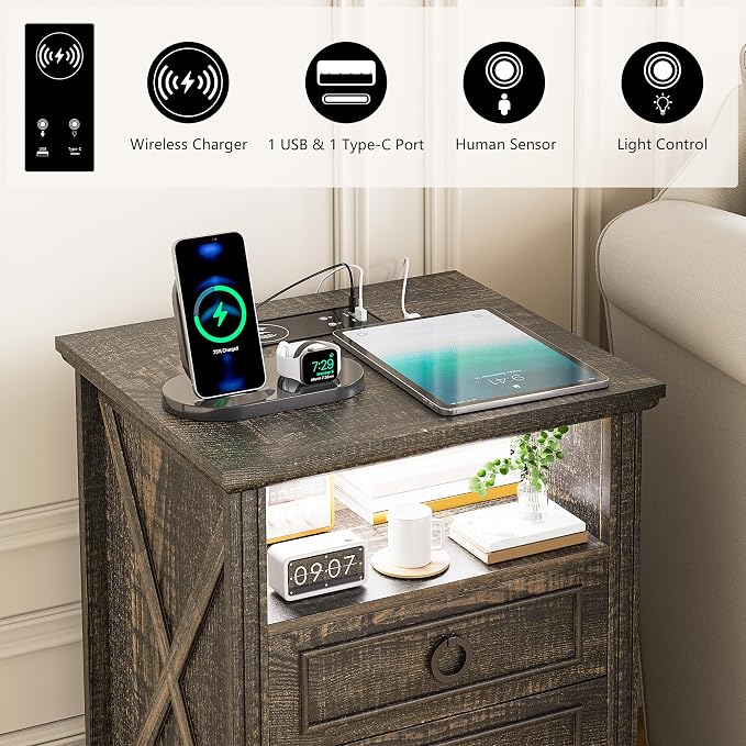 Nightstand Set 2 with Charging Station, Farmhouse End Side Table with 3 Drawers - Image 4