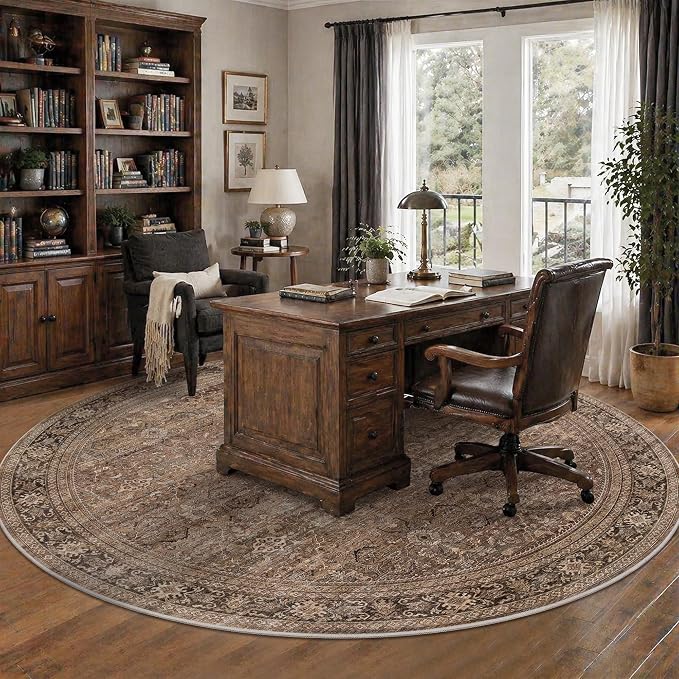 Schweek 8ft Round Rug Vintage Brown Neutral Washable Non-Slip Circle Rugs | - Image 2
