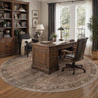 Schweek 8ft Round Rug Vintage Brown Neutral Washable Non-Slip Circle Rugs | - Image 2