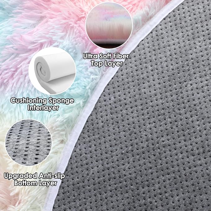 Rainbow Round Area Rug 4ft, Soft Bedroom Circle Rugs Mats - Image 9
