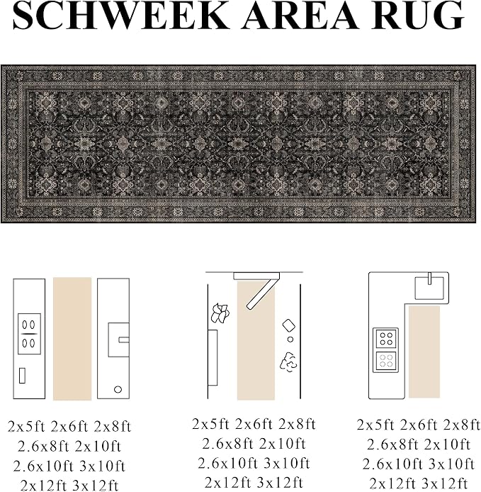 Schweek 2.6x10 Kitchen Runner Rug Washable Non Slip Hallway Runners Black | - Image 2