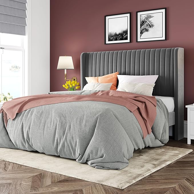 Allewie Full Size Velvet Bed Frame/Vertical Channel Tufted Wingback by Allewie