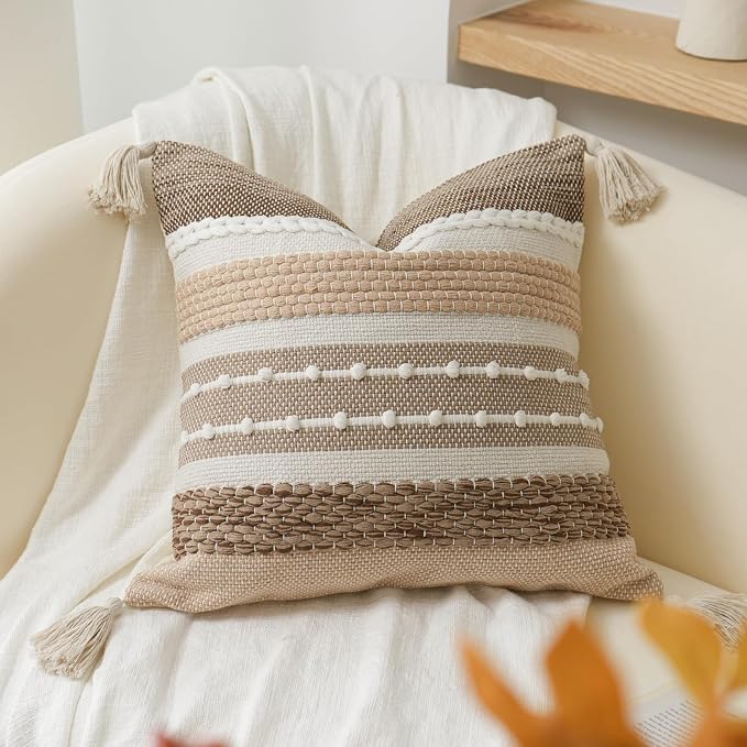 Brown Decorative Throw Pillow Cover 18x18 Square Boho Accent Pillowcase Tassels by BlissBlush
