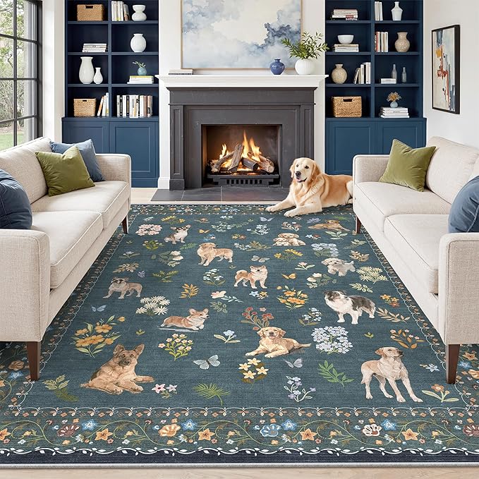 Soalmost Dog 8x10 Area Rugs for Living Room, Washable Soft Rug Navy Blue | by Soalmost