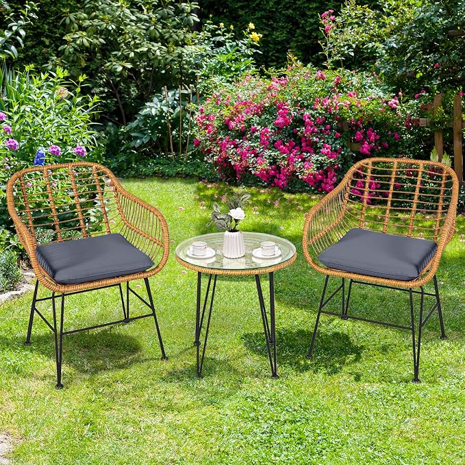Tangkula 3 Pieces Patio Bistro Set, Rattan Conversation Set - Image 4