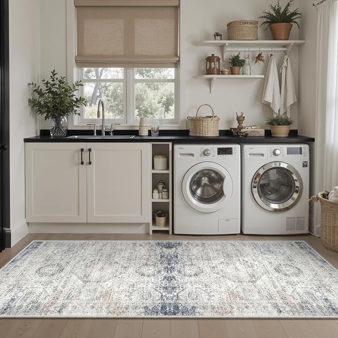 Soalmost Runner Rug 2x5 Washable Non-Slip Kitchen Entry Runners Blue/Ivory | - Image 4