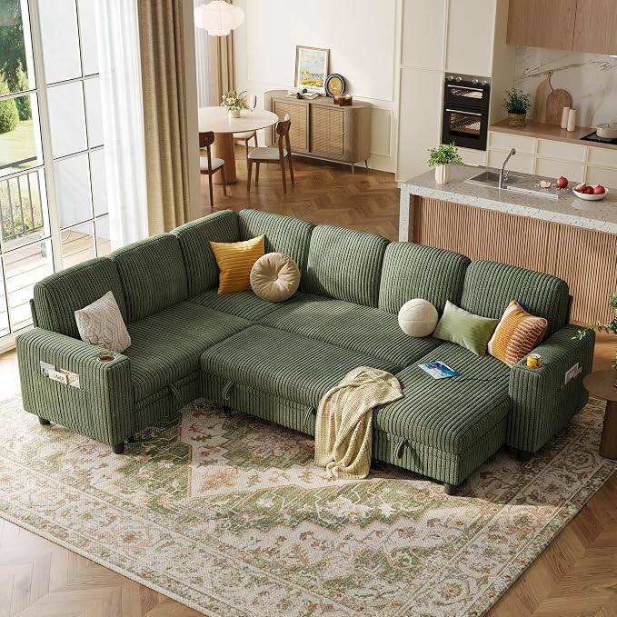LINSY HOME Sectional Sofa with Pull Out Bed, 6 Seats Corduroy Reversible by LINSYHOME