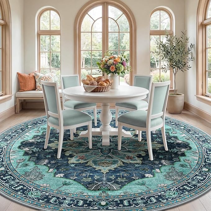 RELEANY Washable Area Rug, Round 8ft, Teal | Non-Slip, Water Repellent - Image 2