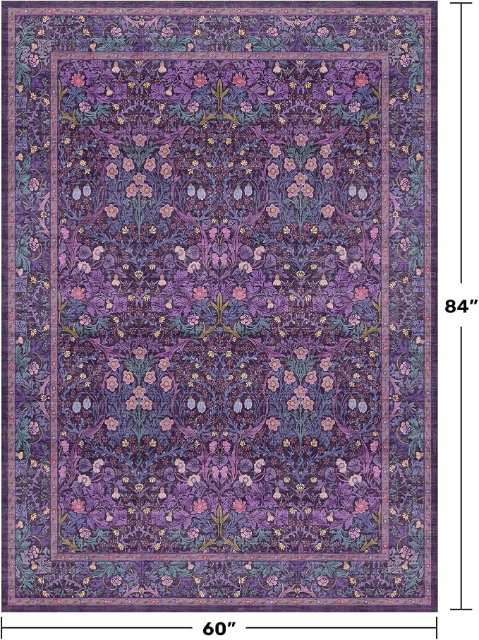 Washable Violet 5x7 Area Rug for Living Room, Vintage Dark Purple Dining Room - Image 2