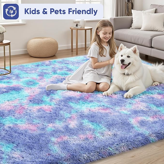 PLHXFR 9x12 Area Rugs Living Room: Fluffy Bedroom Soft Shag Rug Kid Rainbow | - Image 4