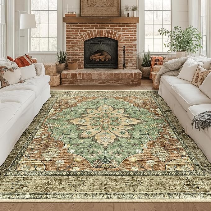 RELEANY Washable Area Rug, Square 8'x8', Brick/Brown/Green | Non-Slip, Water - Image 3