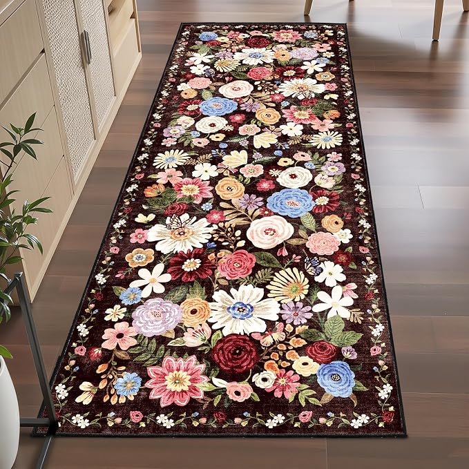 Black Brown Floral Hallway Runner Rug 2x6 - Image 3