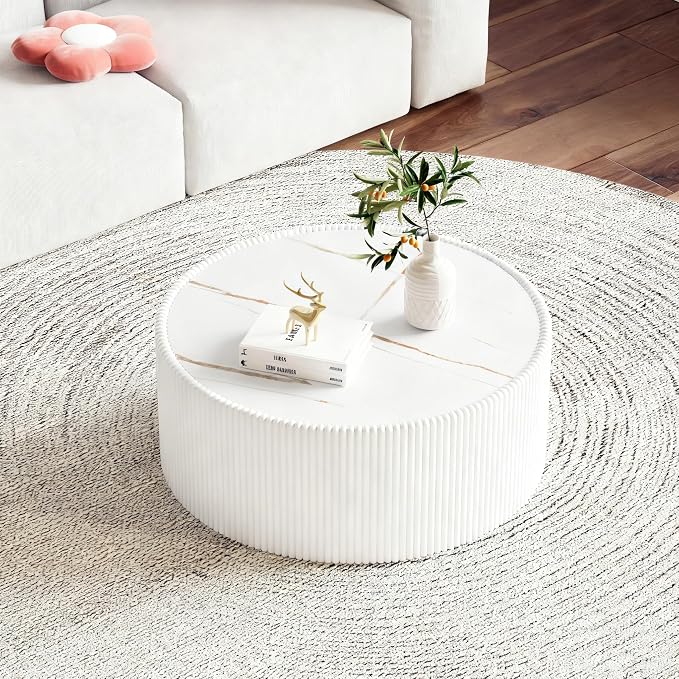 SSLine Round Drum Coffee Table Modern Sintered Stone Top Coffee Table in White - Image 3