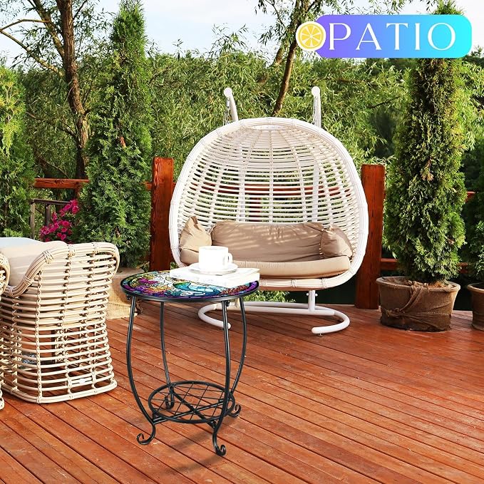 Cinnvoice Outdoor Side Table Round Small Mosaic Patio Accent Indoor End Plant - Image 4