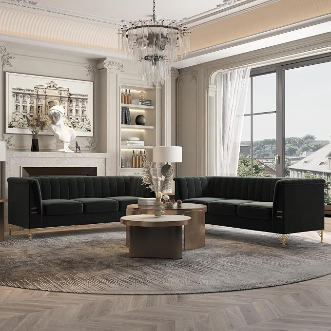 83.46" W Black Velvet Sofa Couch - Image 8