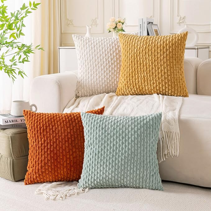 Set of 4 Yellow Rust Aqua Decorative Throw Pillow Covers 26x26 Inch Corduroy by Cozoomy