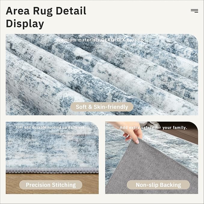 Soalmost 12x15 Washable Area Rugs Soft Living Room Rug Abstract Blue/Grey | - Image 6