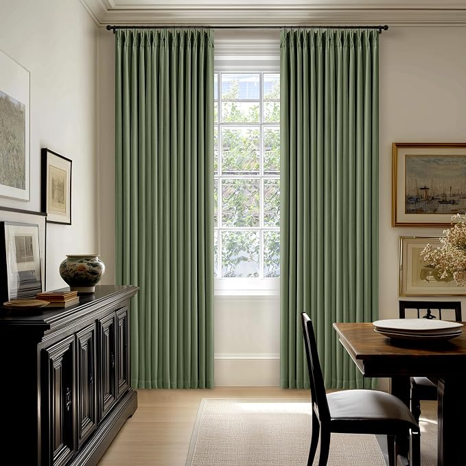 120 Inch Olive Green Linen Pinch Pleated Blackout Curtains Double Layer | 100% - Image 7