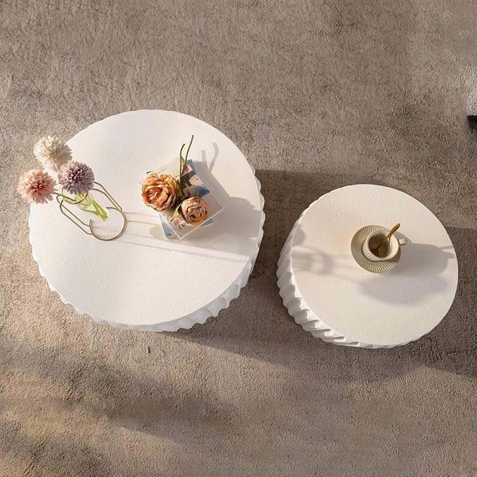46.46'' White Round Coffee Table Set of 2, Modern Circle Fluted Drum Nesting - Image 3