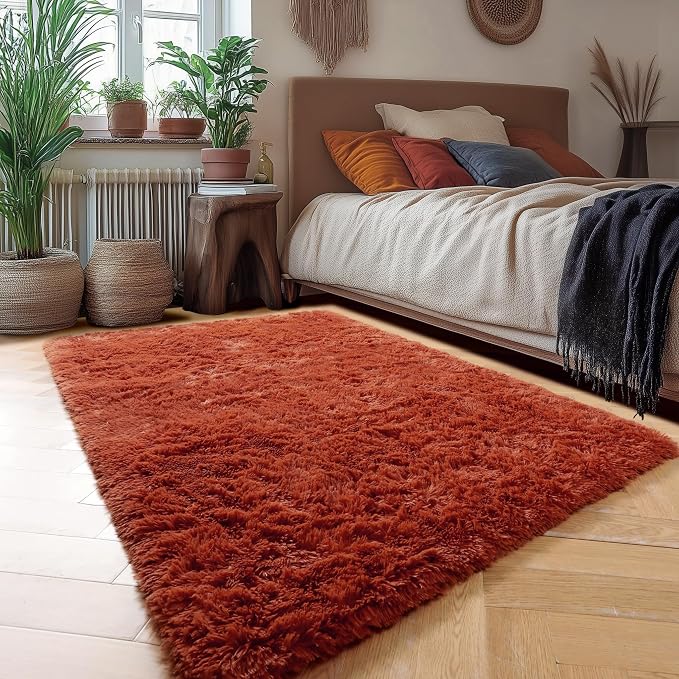 Amdrebio Terracotta Rust Furry Kids Area Rug 4x6 - Image 3