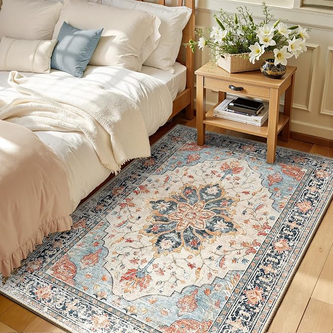 RELEANY Washable Area Rug, Water Repellent, Pet Friendly, Vintage Floral Boho by RELEANY