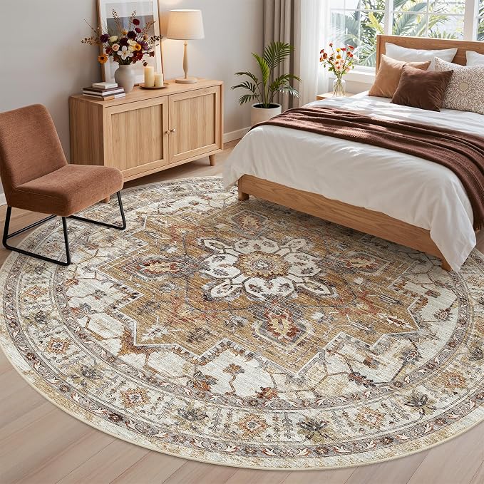 Madane Washable 8ft Circle Round Rug, 8x8 Circular Area Rugs, Turmeric/Grey | - Image 4