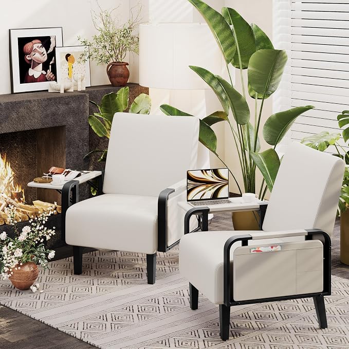 Andeworld Modern Beige Accent Chair Set of 2, PU Leather Upholstered Armchair - Image 8