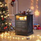 Nightstand with Charging Station, Farmhouse End Side Table with 3 Drawers and by TAGELIER