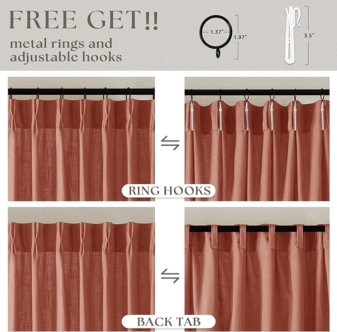Pinch Pleated Linen Semi Sheer Curtains 45 Inch Length 2 Panels Firebrick | - Image 5