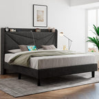 Feonase Full Bed Frame with Charging Station, Linen Upholstered Platform - Image 8