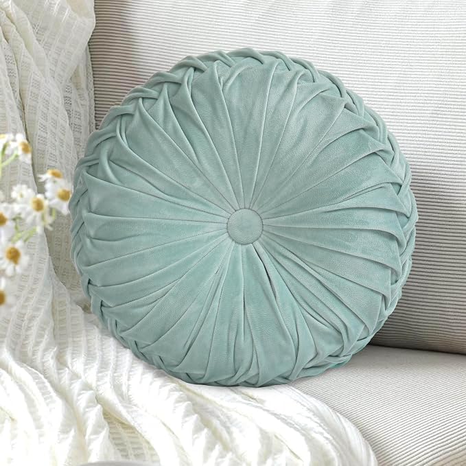 HIG Set of 2 Aqua Velvet Decorative Round Pleated Throw Pillows | Vintage Floor - Image 2