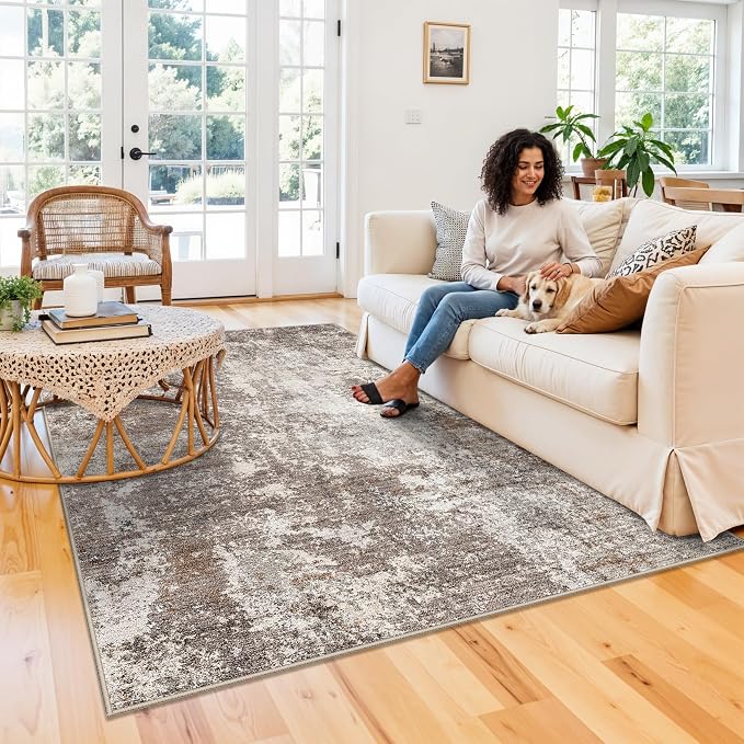 5x7 Area Rug Living Room Washable Neutral Brown Beige | Soft Low Pile Non Slip - Image 3