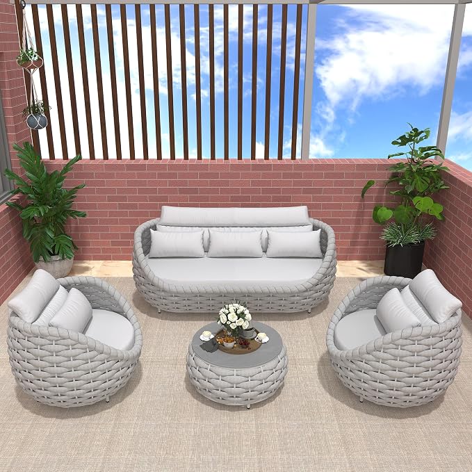 TWT Aluminum Modern Patio Set Three Seater Sofa Outdoor Furniture Set w/Coffee by TWT