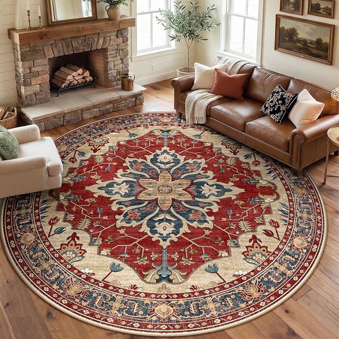 RELEANY Washable Area Rug, Round 8ft, Water Repellent, Pet Friendly, Vintage by RELEANY