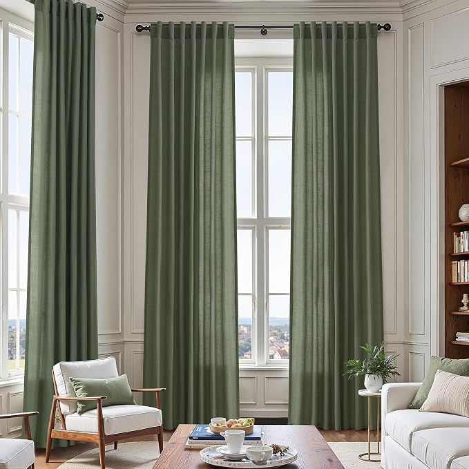 Olive Green Linen Sheer Curtains 96 Inches Long 2 Panel Set Back Tab Rod Pocket - Image 7