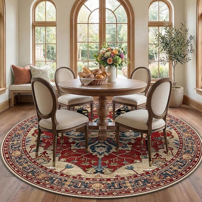 RELEANY Washable Area Rug, Round 7ft, Water Repellent, Pet Friendly, Vintage by RELEANY