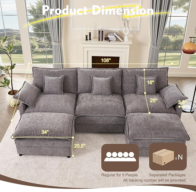 GOSUHI 108" U Shaped Couch, Modular Sectional Sofa, 3-Seater Comfy Cloud Couch - Image 2