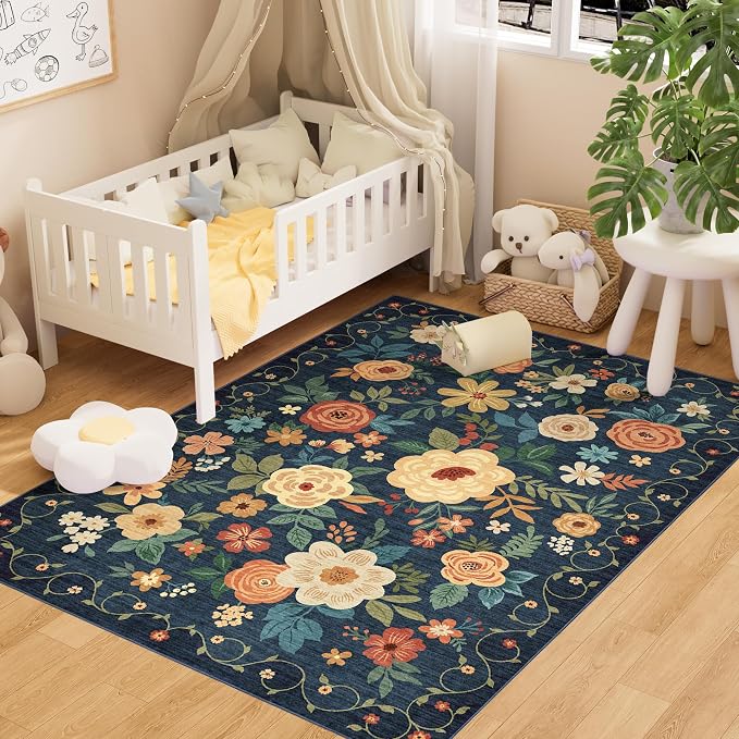 DUKINO 4x6 Area Rug, Floral Washable Office Chair Rug Non Slip, Stain Resistant by DUKINO